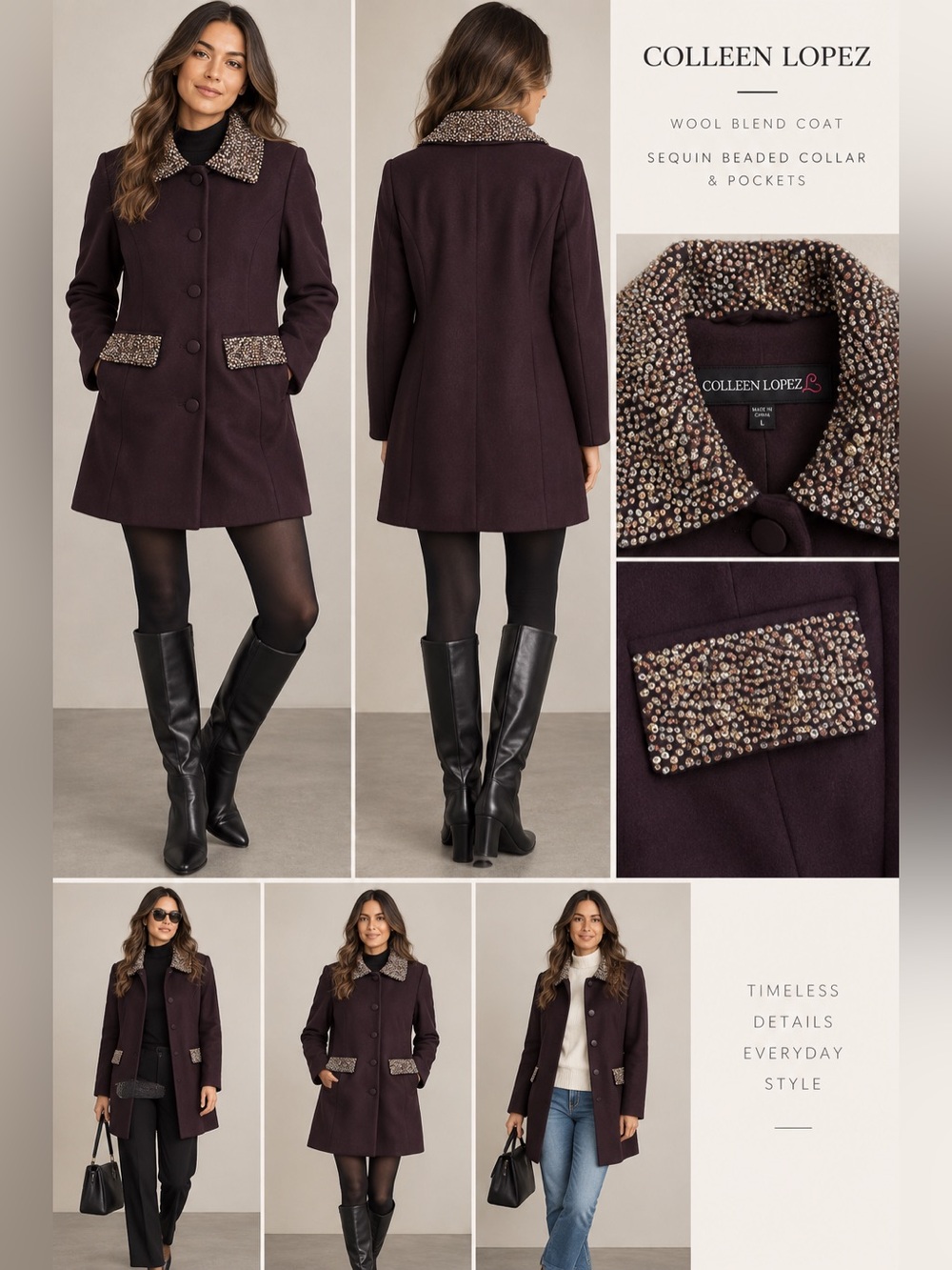 Colleen Lopez Plum Wool Blend Coat | Sequin Beaded Collar & Pockets | New